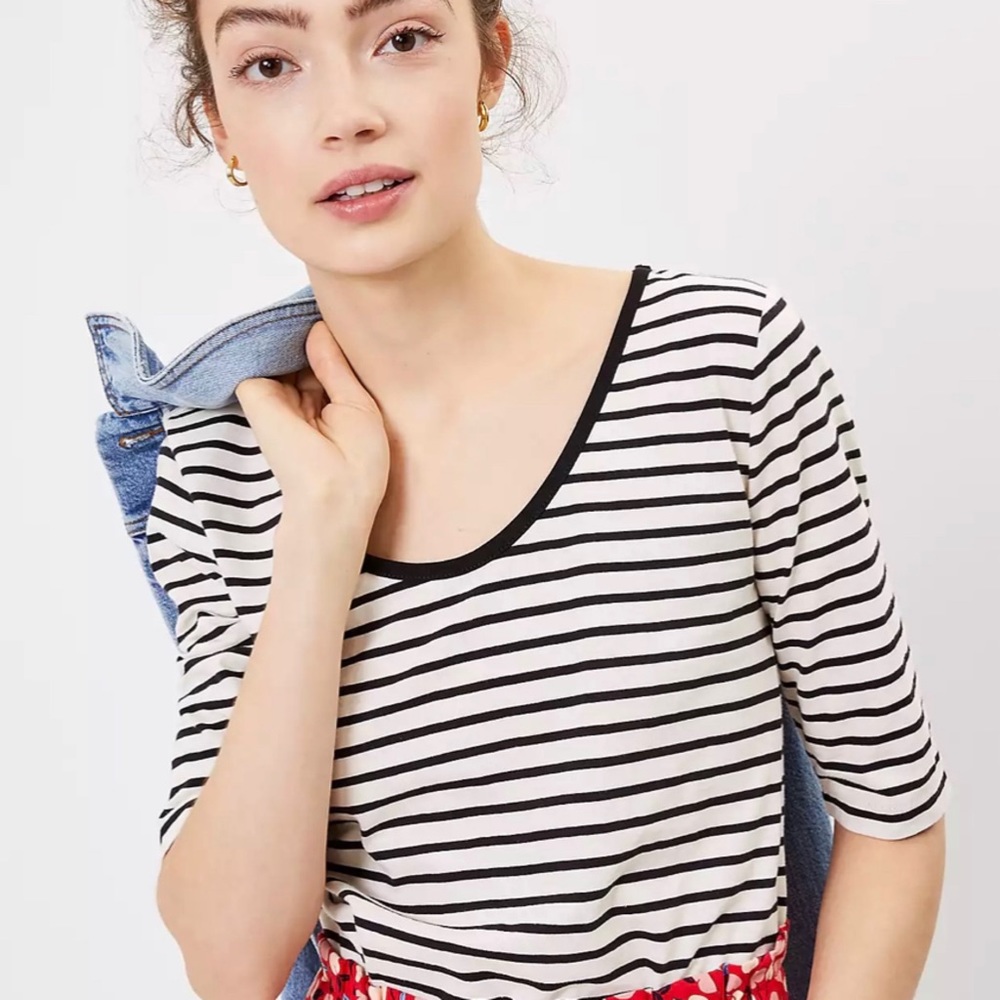 LOFT Black and White Striped Short Sleeve Tee